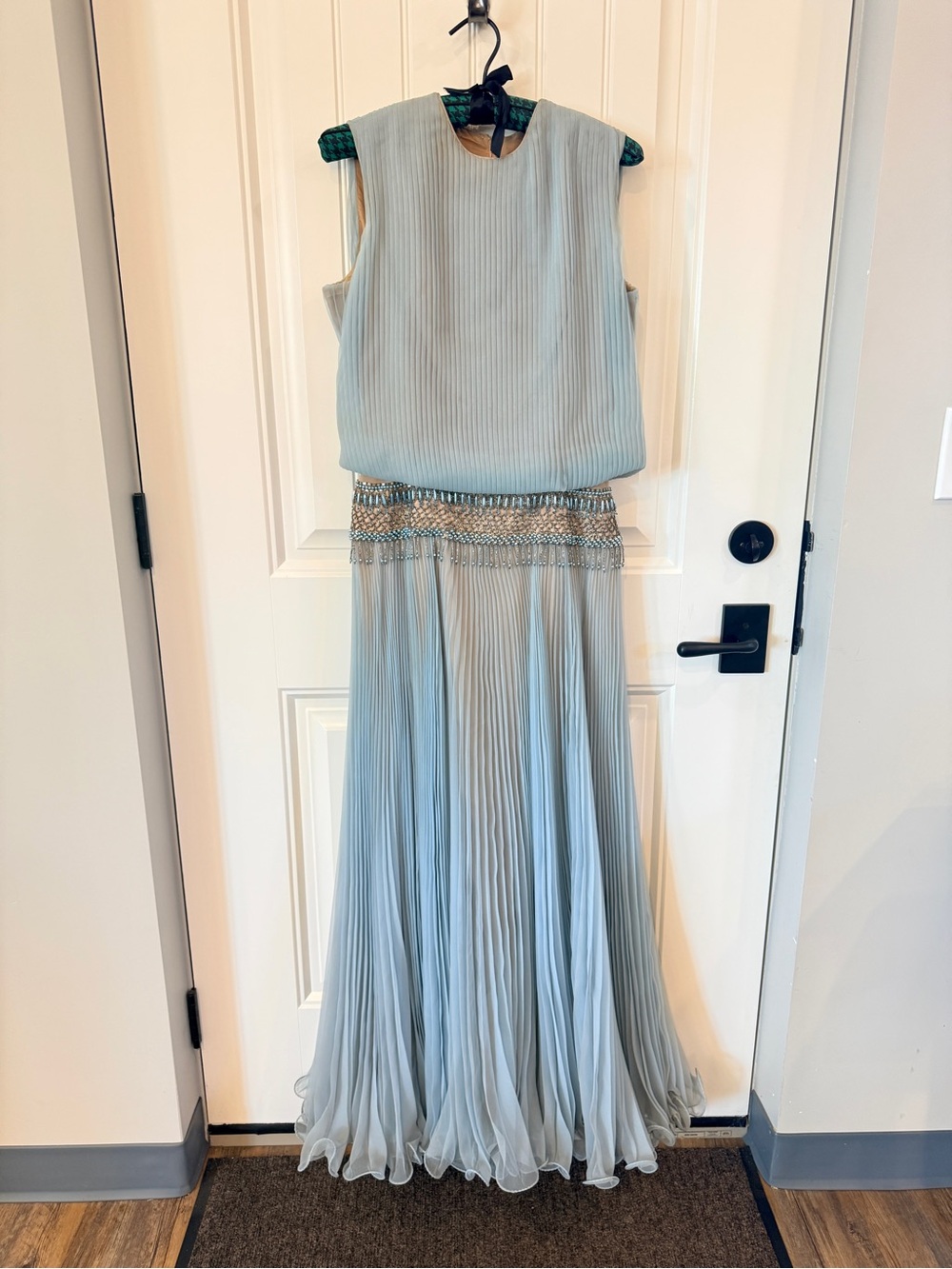 Light Blue Jack Bryan Pleated Vintage Evening Gown with Beaded Waist